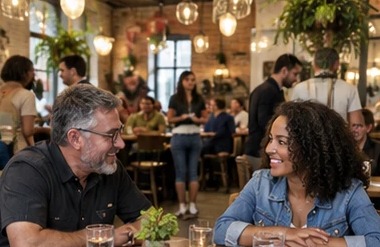 Two people sharing a conversation at a busy restaurant.