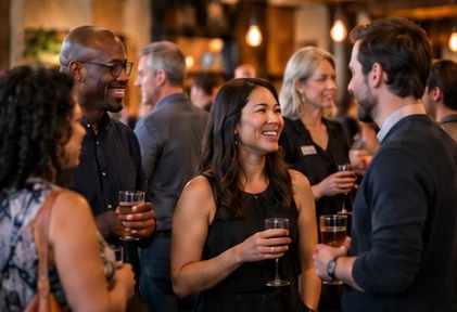 Guests talking over drinks at a hosted singles event in a bar.