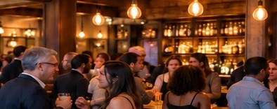 Guests talking at a busy event venue with warm lighting.