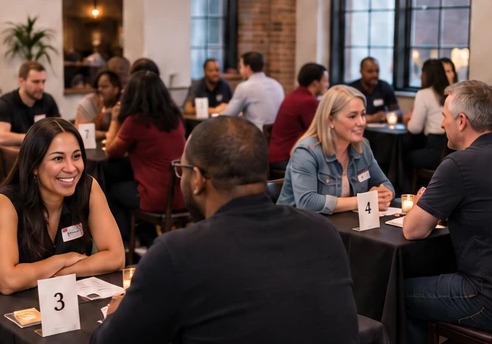 A speed dating round in progress, with numbered tables and name tags.