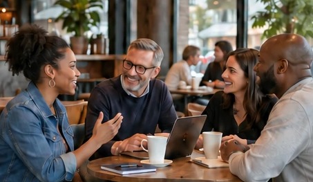 A group of professionals meeting around a cafe table with laptops and coffee.