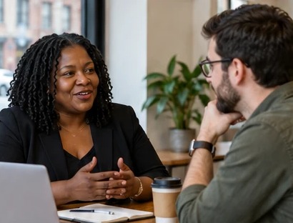 A matchmaker in conversation with a client across a cafe table.