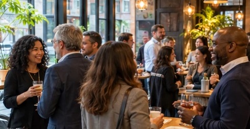 Professionals talking with drinks in hand at a networking event.